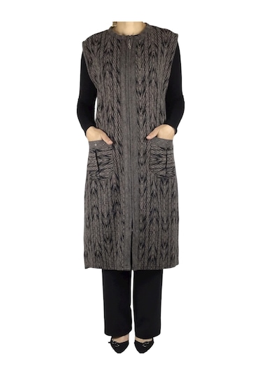 Önü Fermuarlı Desenli Cepli Kalın Kışlık Yelek Kahverengi