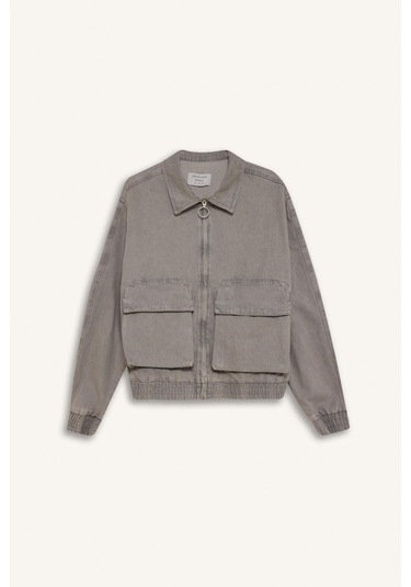 DeFacto Relax Fit Fermuarlı Cepli Jean Ceket C3414AX24AUNM55 Gri