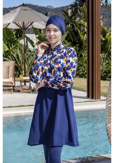 Mayom Tam Kapalı Crop Model Çiçek Desenli Tesettür Mayo-2523 Lacivert-desenli