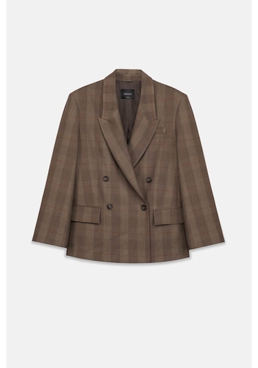 Kadın Kahverengi Ekoseli Oversize Blazer Kahverengi