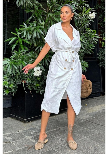 Kadın Beyaz Kruvaze Yaka, Kısa Kollu, Kemer Detaylı, Rahat Kesim, Midi Keten Elbise Beyaz