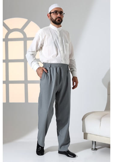 Erkek Rahat Kesim Beli Lastikli Cepli Hac Ve Umre Kumaş Şalvar Pantolon - Gri Krk Gri