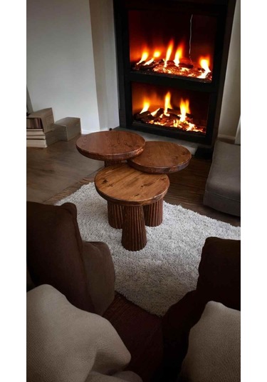 Masif Doğal Ahşap Mantar Sehpa 3 Lü Set Meşe Renk Zigon