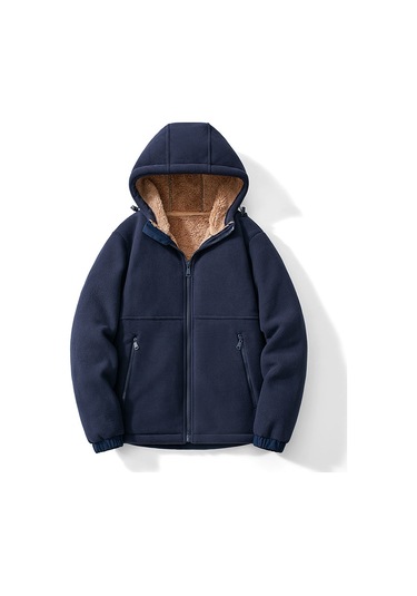 Erkek Sonbahar Ve Kış Kapşonlu Kuzu Derisi Kalın Sıcak Ceket Mavi