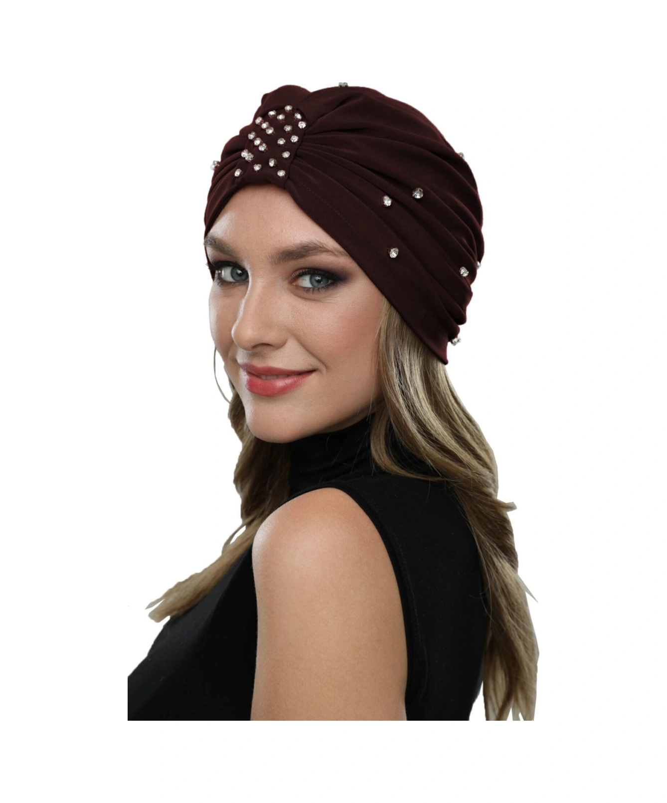 Zeni Taşlı Astarlı El Işi İşlemeli Kahve Hazır Türban Tesettür Abiye Bone Kahve