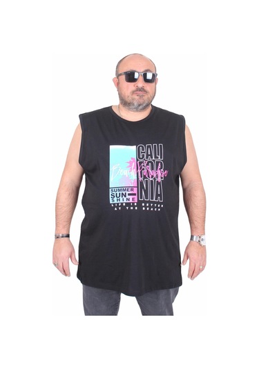 Starbattal Büyük Beden Baskılı Kolsuz Tişört Beach Paradise 25151 Sıyah Siyah