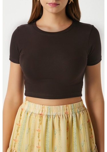 Kadın Deal Lux Touch Yumuşak Doku Crop Kahve Bluz