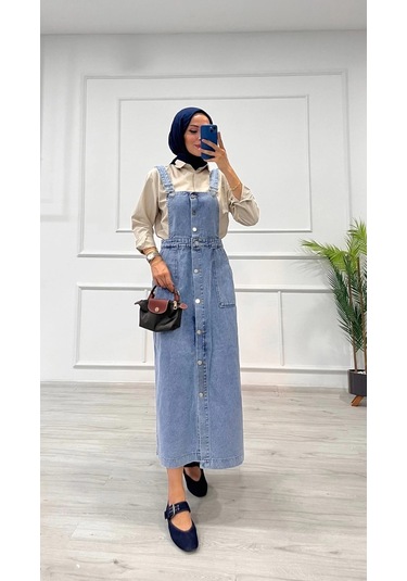 Etekli Salopet Enzim Süper Taş Yıkama Buz Mavi D 2521 Mavi