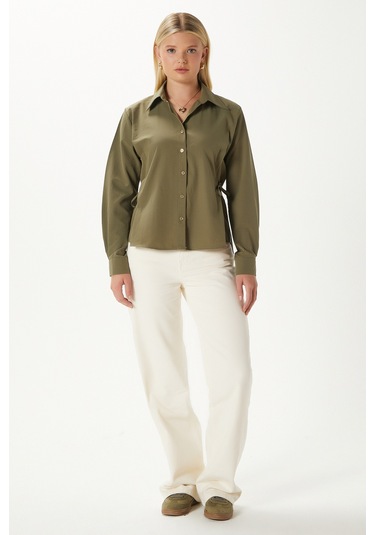 Kadın Adrian Yan Bağlama Detaylı Haki Gömlek Haki