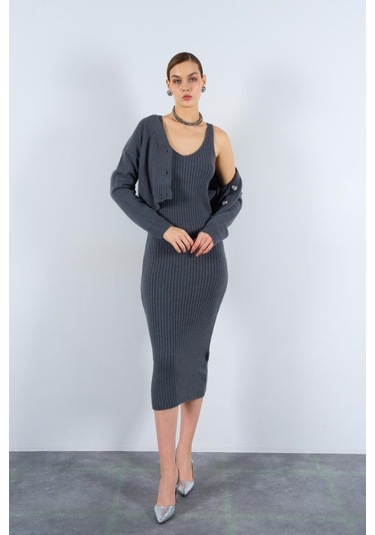 Fitilli Elbise Hırkalı Takım - Füme Çok Renkli