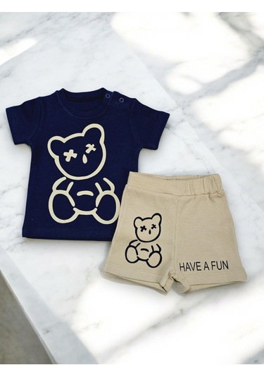 Ayıcık Desenli Erkek Bebek Şortlu Takım Lacivert