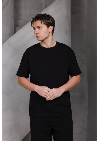 Erkek Basic Oversize Bisiklet Yaka 2 İki İplik Kompakt T-shirt Siyah