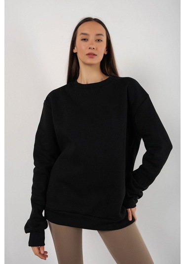 Modagen Kadın Siyah Focus Sırt Baskılı Bisiklet Yaka Oversize Sweatshirt Siyah