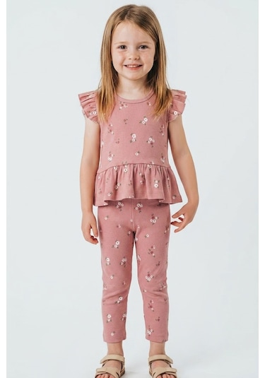 Breeze Kız Çocuk Kapri Taytlı Takım Çiçek Desenli 1.5-5 Yaş , Gülkurusu