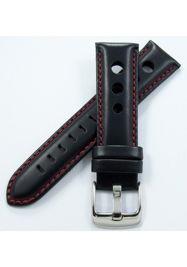 Bizon Siyah Deri Saat Kordonu 24Mm Kırmızı Dikişli Delikli Kayışı