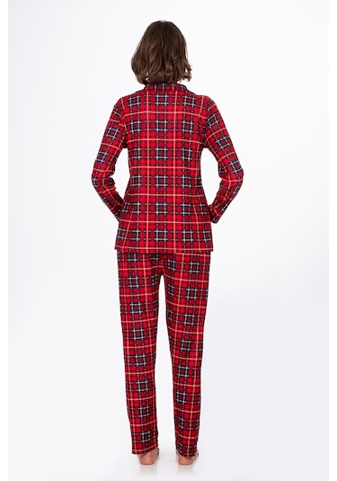 Kadın Süet Önden Düğmeli Pijama Takımı Ekose Kırmızı - Lacivert Kırmızı - Lacivert