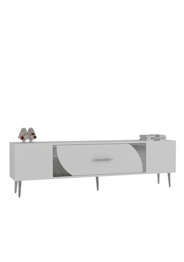 Şeki Tv Sehpası Tv Ünitesi 150 Cm Beyaz Gümüş