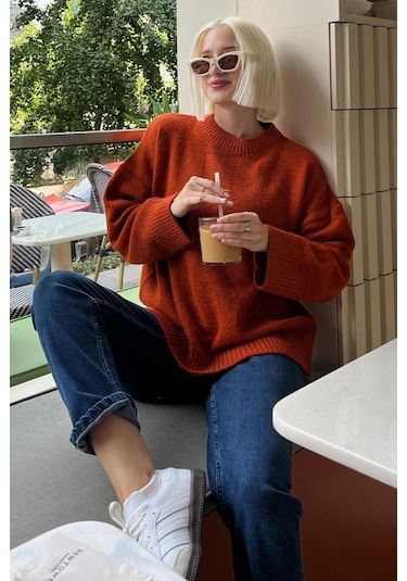 Kiremit Bisiklet Yaka Oversize Triko Kazak Mg1972 Kiremit