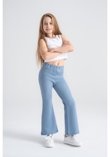 Kız Çocuk Taytı Pamuklu Esnek Mavi Denim Görünümlü Mavi