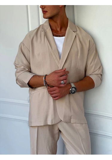 Modefendi Marino Tam Yazlık Extra Oversize %100 Keten Ceket Krem