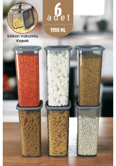 Jumbo Boy Silikon Kapaklı Erzak Bakliyat Saklama Kabı Kare Saklama Kutusu Seti 6 Adet 1900 ML