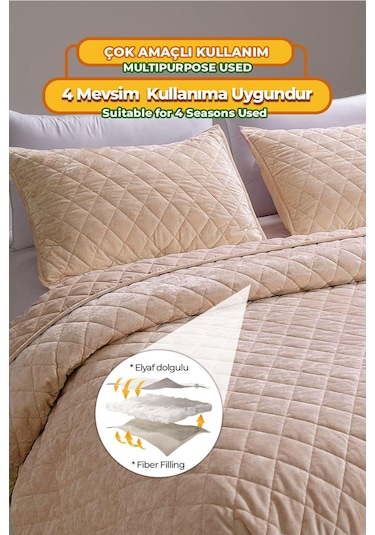 Evlen Home Kapitone Kadife Yatak Örtüsü Seti Tek Kişilik Supersoft 2 Parça Yumuşak Elyaf Dolgulu Bej Bej