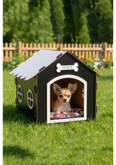 Ahşap Özel İsim Baskılı Dekoratif Köpek Evi-kulübesi, Küçük Irk Köpekler İçin Kulübe, Köpek Kulübesi Siyah