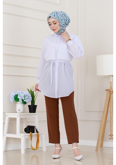 Sevitli Beli Bağcıklı Allerli Taşlı Tunik-beyaz-5222 Beyaz