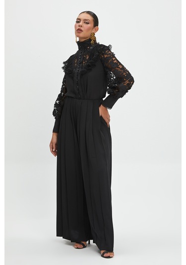 Kadın Dantel Detaylı Uzun Kollu Bluz - Yüksek Yaka, Transparan Kol, Şık Ve Modern Tasarım - Ofis Ve Özel Davetler İçin Bluz Siyah