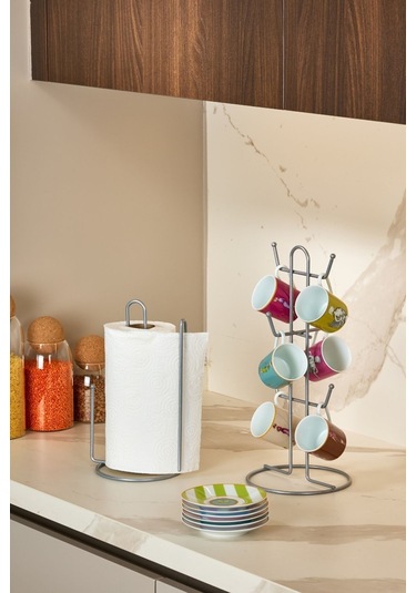 Edora Home 2'li Gümüş Mutfak Organizer Seti, Ayraçlı Kağıt Havluluk Ve 6 Kancalı Bardaklık - Metal Paslanmaz