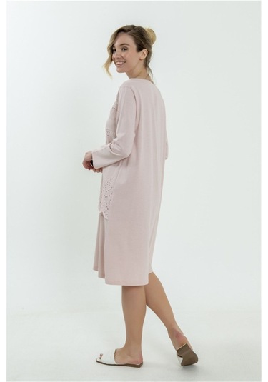 Magic Form 62108 Kadın Pudra Brodeli Penye Uzun Kollu Hamile Lohusa Gecelik