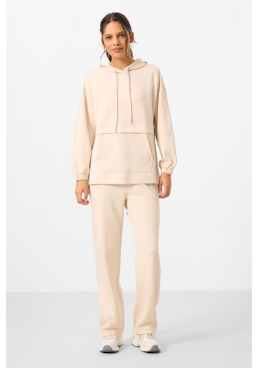 Bej Yumuşak Dokulu Kapüşonlu Oversize Kadın Eşofman Tunik Takım - 95348 Bej
