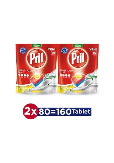 Pril Hepsi Bir Arada Extra Limon Kokulu Bulaşık Deterjanı 2 x 80 Tablet
