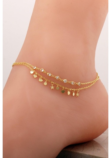 Tasarım İkili Altın Kaplama Gümüş Halhal 356 Gümüş