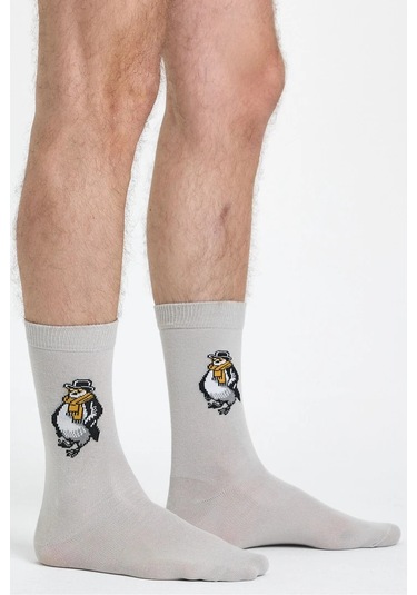 Erkek Pamuklu Özel Desenli Dikişsiz Yumuşak Dokulu Terletmez Rahat Esnek Soket Çorap Açık Gri-penguen