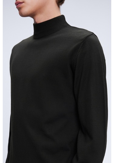 Haki Regular Fit Düz Yarım Balıkçı Yaka Yünlü Triko Kazak Haki