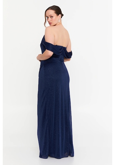 Doridorca Kadın Büyük Beden Düşük Kollu Uzun Abiye Elbise 6149 Lacivert Lacivert