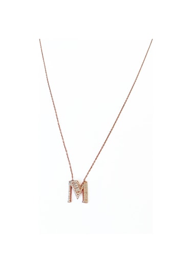 Baget Taşlı Pırlanta Model Gümüş Harf Kolye - M Rose Gold