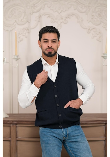 Woolen World Regular Fit Ön Cepli Kolsuz Erkek Triko Yelek Lacivert