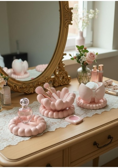 Dekoratif Pembe 4 Lü Set Takı Tab Ağı,fırçalık Organizer 4 Adet