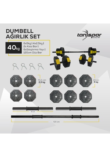 Tan Spor 40KG Dambıl Ağırlık Halter Ağırlık Kısa Bar ve 150 cm Düz Bar Seti