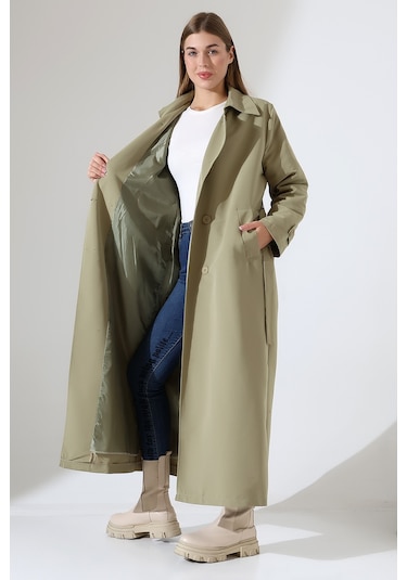 Amazon Keten Kumaş Uzun Boy Düğmeli Astarlı Yumuşak Dokulu Trenç Kot Mint Yeşil Mint Yeşili