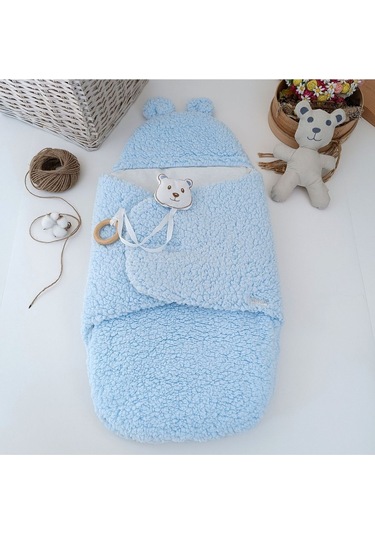 Peluş Bebek Dış Kundağı Oyuncaklı Uyku Tulumu Hastane Çıkışı Hediyelik Sarma Battaniye Mavi