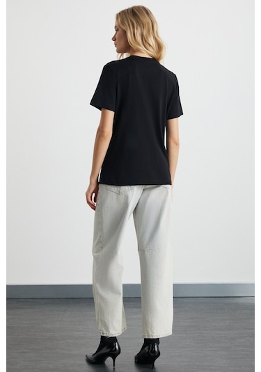 GRIMELANGE Alıne Kadın %100 Organik Pamuk Derin V Yakalı Comfort Fit Siyah T-shirt Siyah