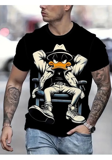 Snapbuy Komik Ördek Baskılı Erkek T-shirt - Rahat O-boyun Kısa Kollu Moda Tişört Mavi