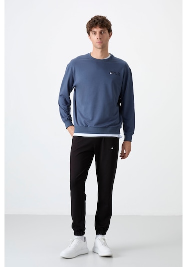 Tommy Life Petrol - Siyah Casual O Yaka Lastik Paça Pamuklu Erkek Oversize Eşofman Takımı - 85120 Petrol Mavi