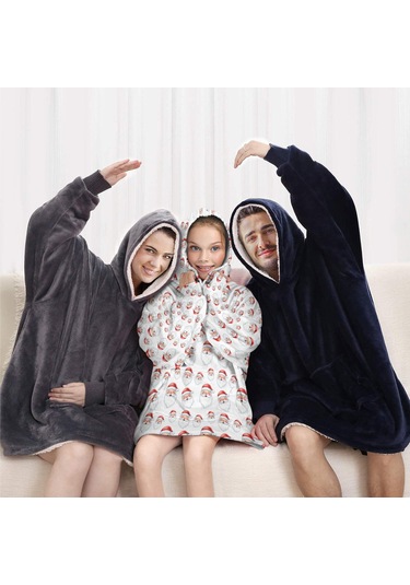 Noel Temalı 6-13 Yaş Çocuk Giyilebilir Battaniye Hoodie, Kalın Peluş, Büyük Boy-a162 Krem - Pembe