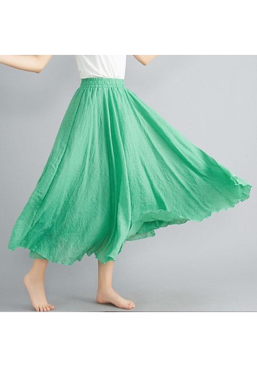 Yaz Sonbahar Kadın Etek Edebi Büyük Boy Pamuk Keten Yarım Etek Elastik Bel Keten A-line Etek Uzun Bölüm Saf Renk Rüzgar Salıncak Etek Yeşil