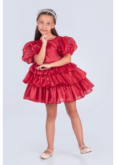 Volanella Taçlı Kız Çocuk Abiye Çift Tarz, Tek Elbise. Kırmızı