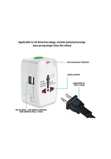Qingmipy Evrensel Seyahat Adaptörü: Usb Çift Portlu, Avrupa/ingiltere Standartları, 150+ Ülke Uyumlu, 1500w Güç, Dayanıklı Abs Malzeme